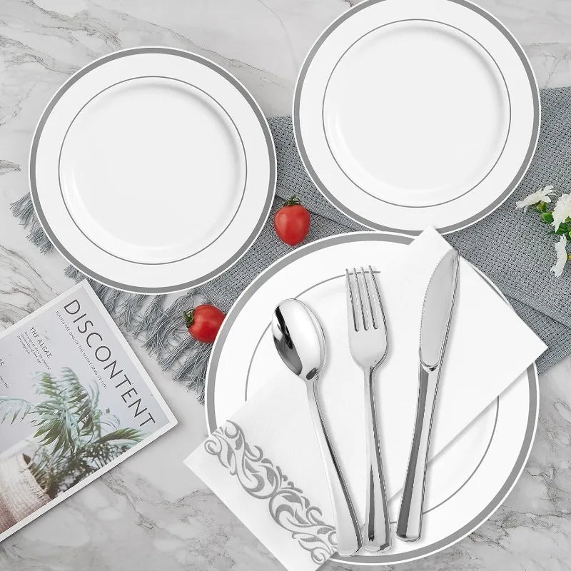 700-piece White and Silver Plates Dinnerware set - One Shop Ventures