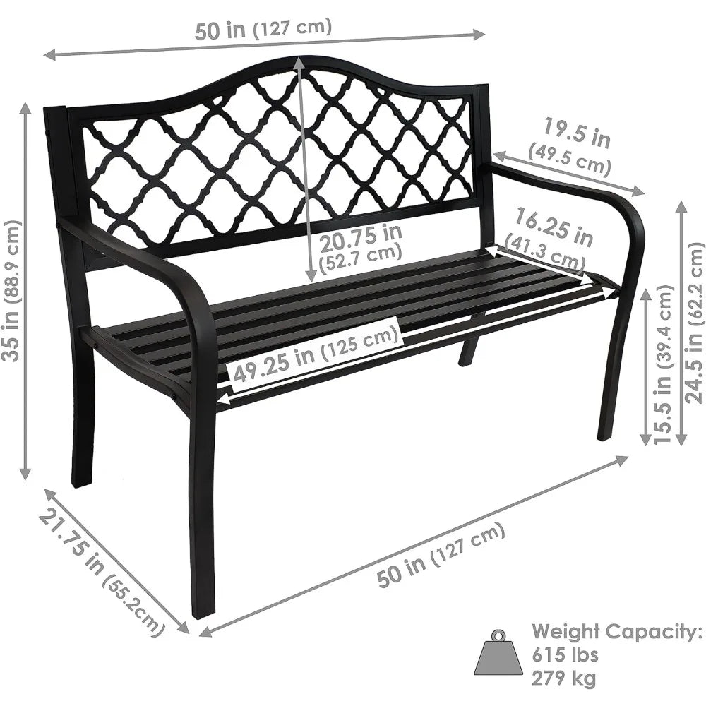 Black Cast Iron Lattice Patio Garden Bench - 50-Inch