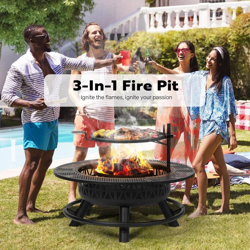 3-in-1 Wood Burning  Fire Pit with Cooking Grill & Charcoal Pan with Cover Lid - One Shop Ventures