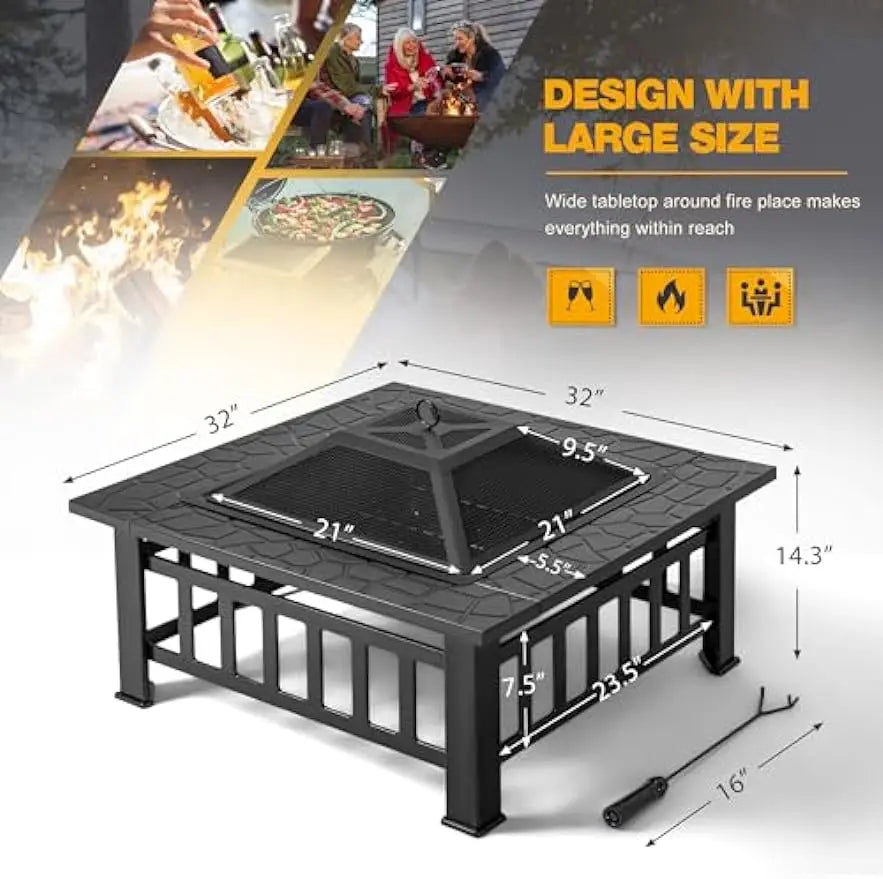 32-inch Metal Outdoor Fire / BBQ Pit with Spark Screen Lid and Waterproof Cover for Camping - One Shop Ventures