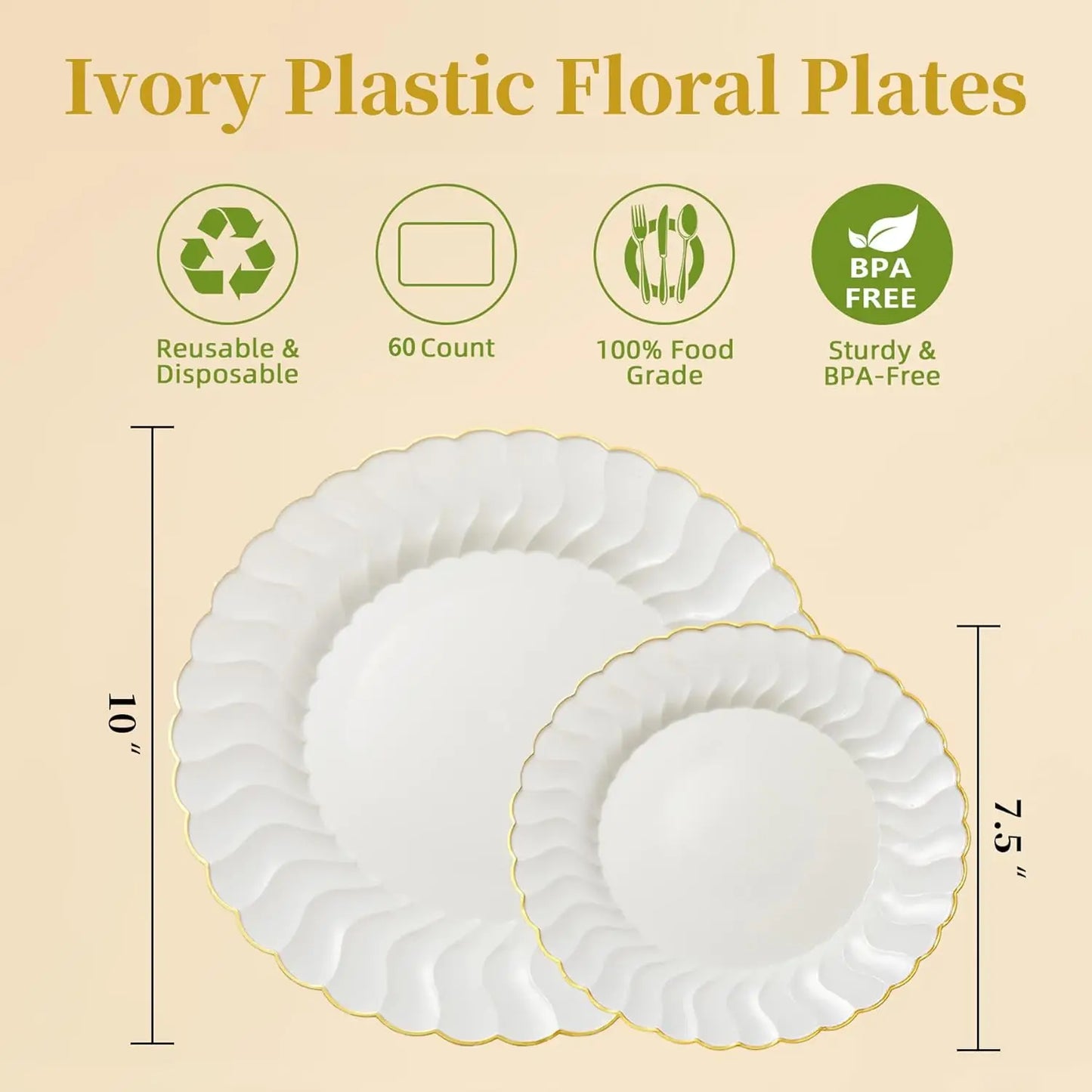 Lullaby 60 Pack Ivory Plastic Plates with Gold Rim - One Shop Ventures