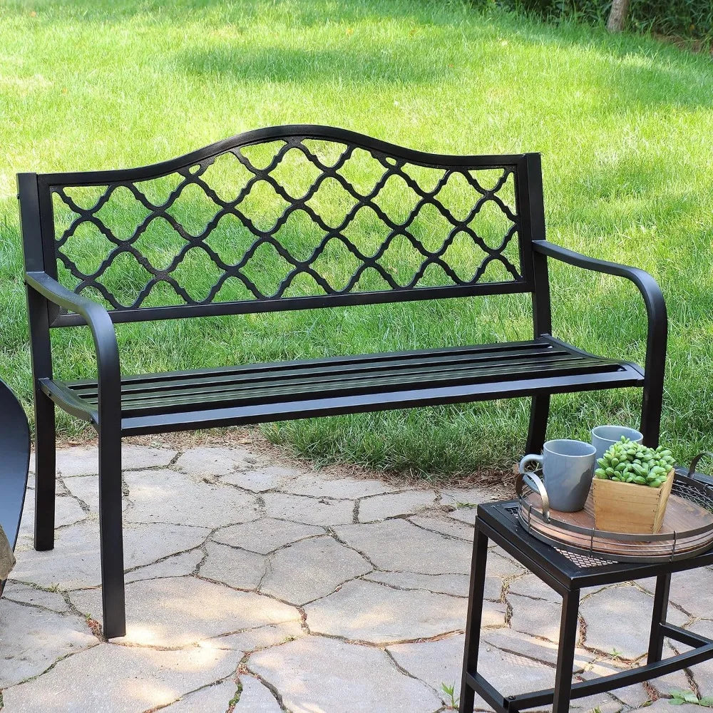 Black Cast Iron Lattice Patio Garden Bench - 50-Inch