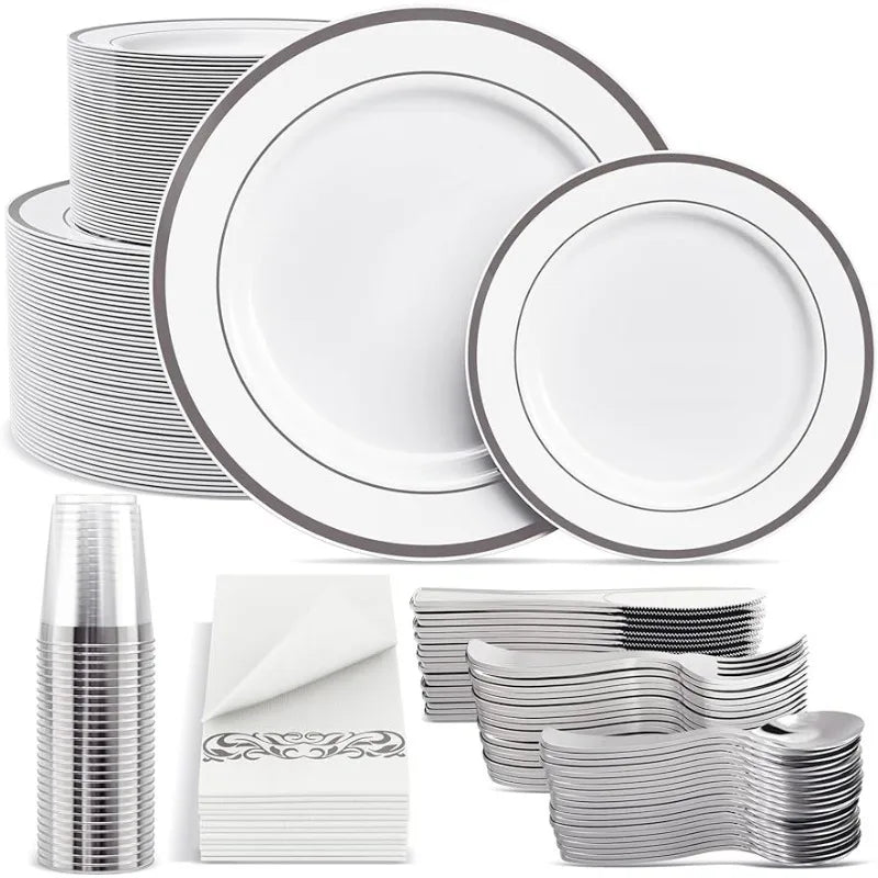 700-piece White and Silver Plates Dinnerware set - One Shop Ventures