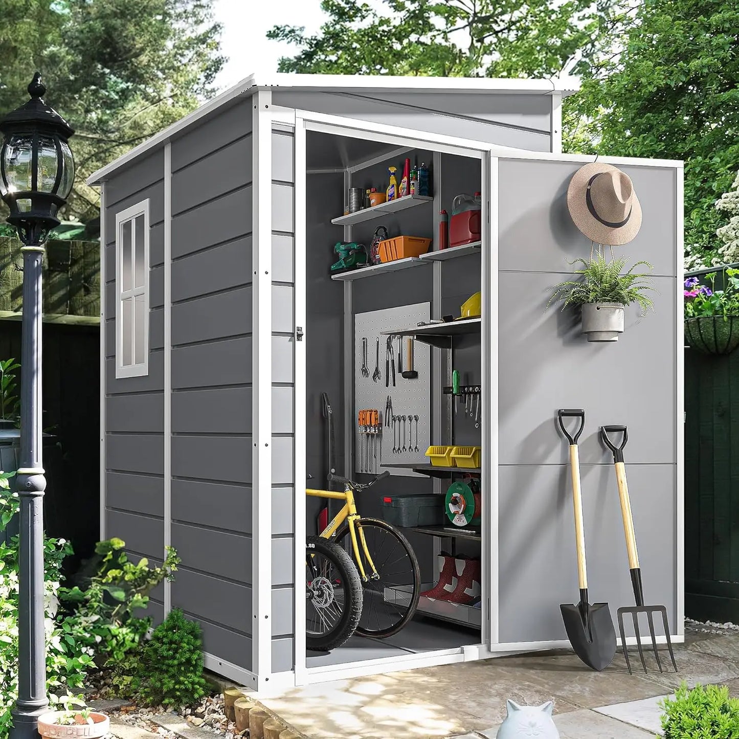 Resin Outdoor Storage Shed with Floor, Lockable Door, & Window