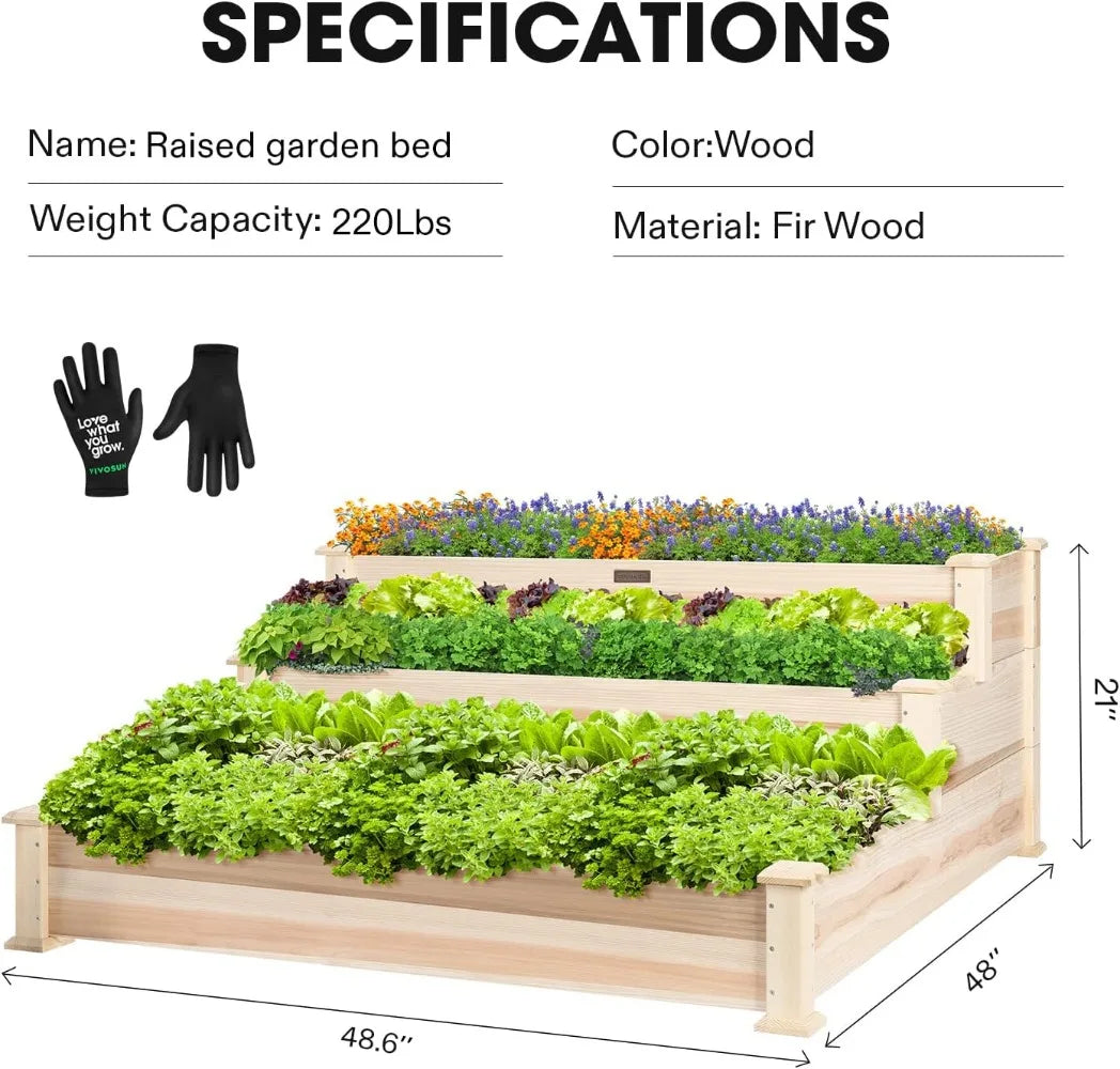 3-Tier Wooden Raised Garden Bed, 48 X 48 X 21 Inches