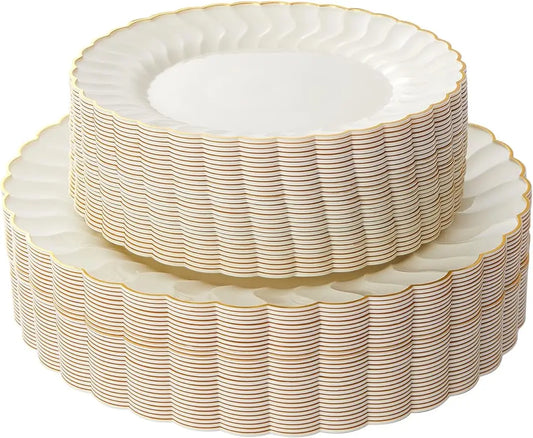 Lullaby 60 Pack Ivory Plastic Plates with Gold Rim - One Shop Ventures