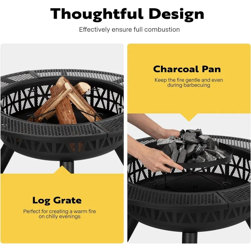 3-in-1 Wood Burning  Fire Pit with Cooking Grill & Charcoal Pan with Cover Lid - One Shop Ventures