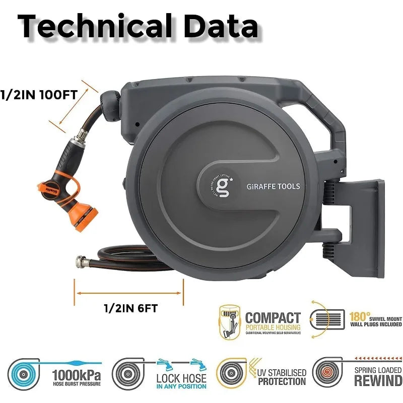 Garden Hose Reel Retractable 1/2" x 100 ft Wall Mounted