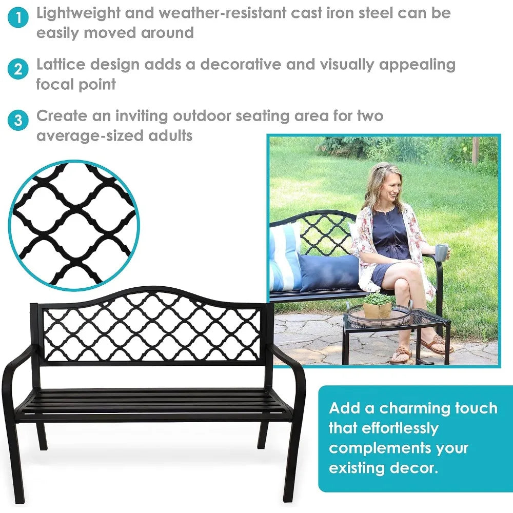 Black Cast Iron Lattice Patio Garden Bench - 50-Inch